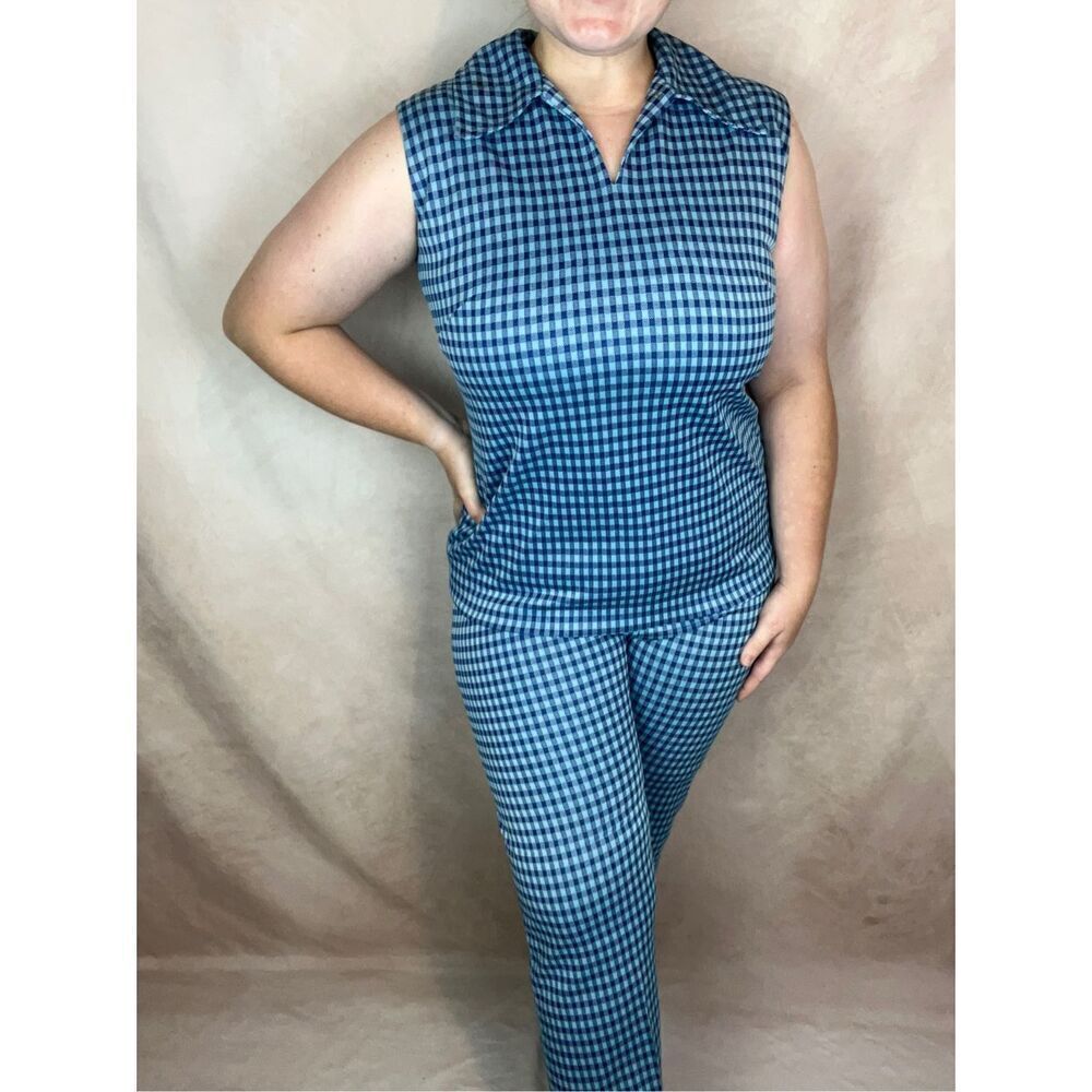Vintage Plus Size L/XL 1970s Pantsuit Blue Polyester Mod MCM